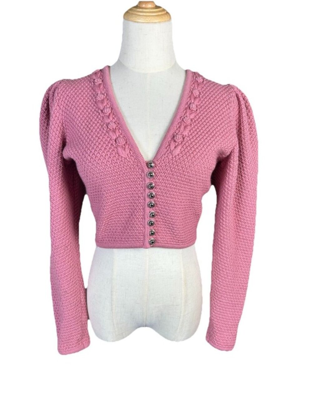 Vtg Lanamoden Salzburg Wool Puff Sleeve Embroidered Cardigan Sweater Small Pink
